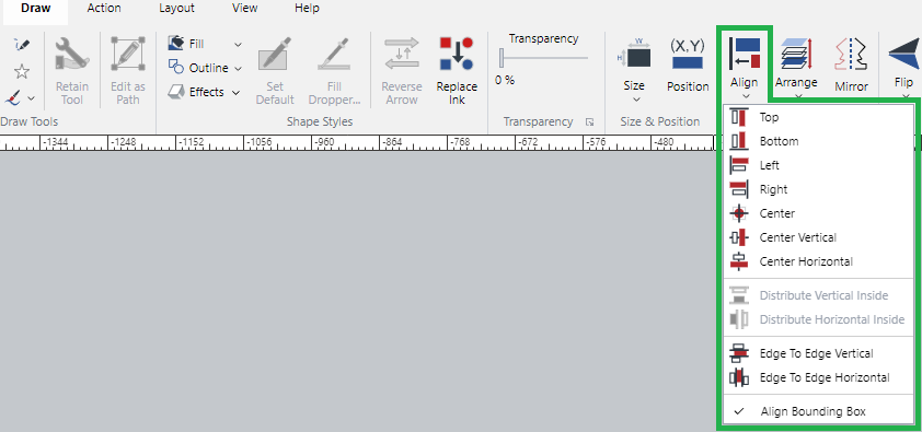 Align Menu in the Align and Arrange Panel on the Draw Ribbon Tab for Multiple Selected Objects Align Menu in the Align and Arrange Panel on the Draw Ribbon Tab for Multiple Selected Objects
